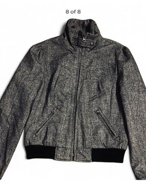 Vintage Grey & Black Structured Wool-Blend Moto Jacket with Ribbed Hem
